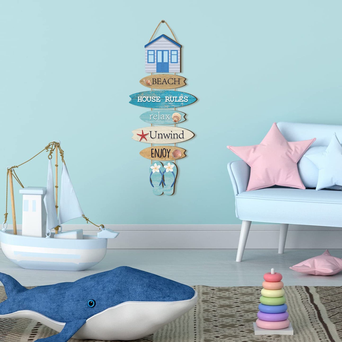 Kigley Beach Theme Wooden Wall Decor Summer Coastal Ocean Hanging Decor for Living Room, Bedroom, Bathroom Flip Flop Wood Sign with Starfish, Seashell, Coastal Wall Art for Home Office 25.2 x 9.4 Inch