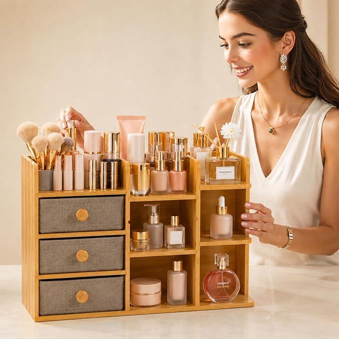 Large Makeup Organizer For Vanity, Large Capacity 3 Tiers Bamboo Bathroom Counter Organizers and Storage, Countertop Makeup Brush Holder, Nail Polish Perfume Stand with 3 Drawers and 10 Compartments
