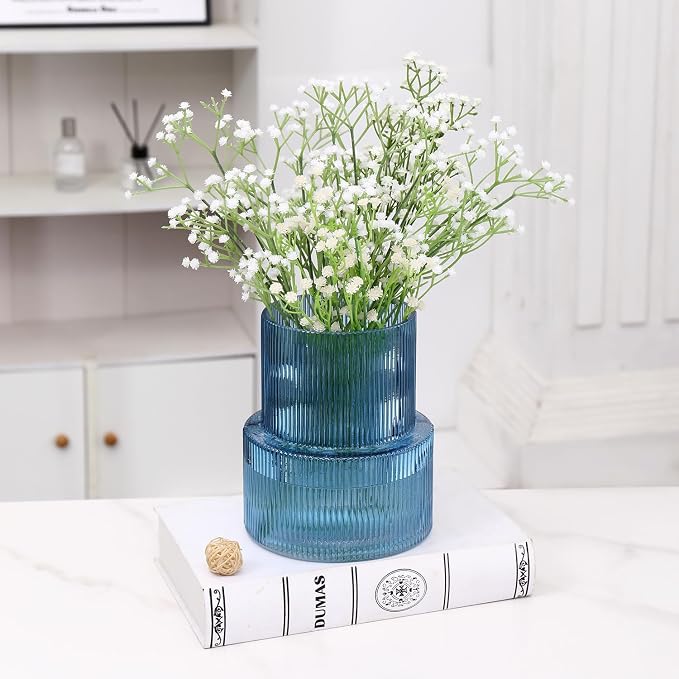 Blue Glass Vase, Ribbed Glass Vase for Tulips, Flower Vases for Bouquet, Blue Modern Vases for Living Room, Dining Table, Entryway, Mantle, Shelf, Wedding, Office, 7.5 Inches