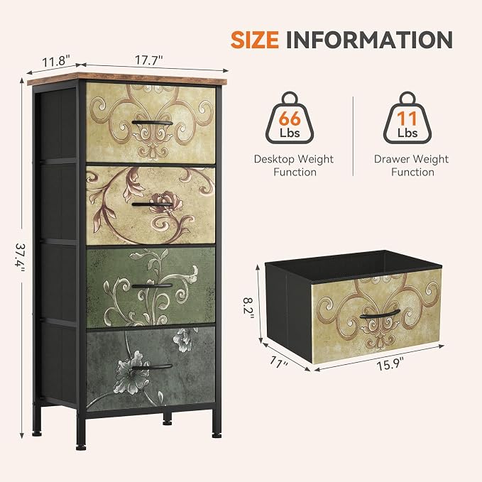 Sweetcrispy 4 Drawer Fabric Dresser Storage Tower Nightstand Chest | Small bedroom dresser and nightstand with sturdy frame,Perfect for closet,entryway,dorm,Easy assembly,Floral Painted