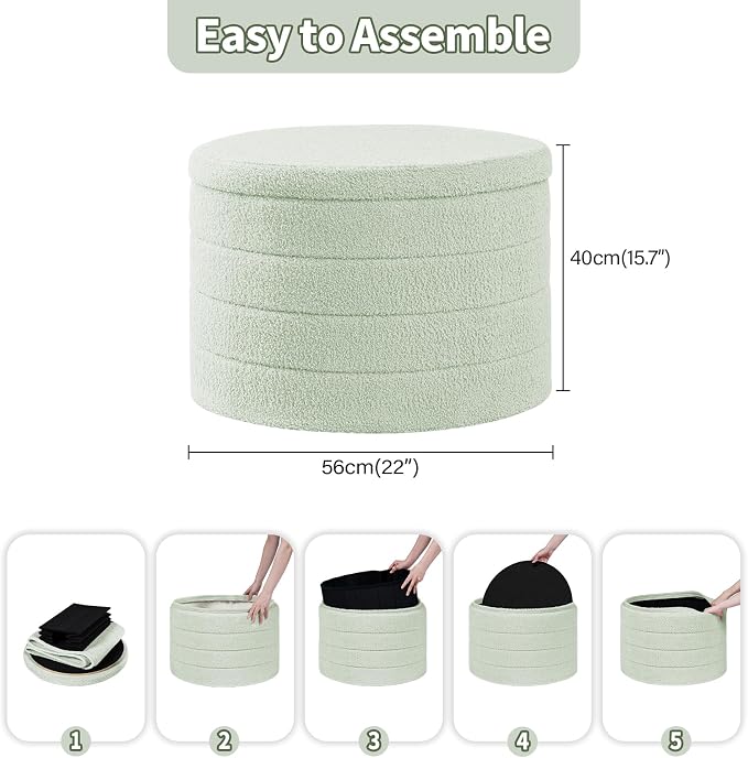 PINPLUS Round Ottoman with Storage, Foldable Sherpa Ottoman Stool with Tray,Boucle Foot Rest for Living Room, Bedroom, Dorm(Green)