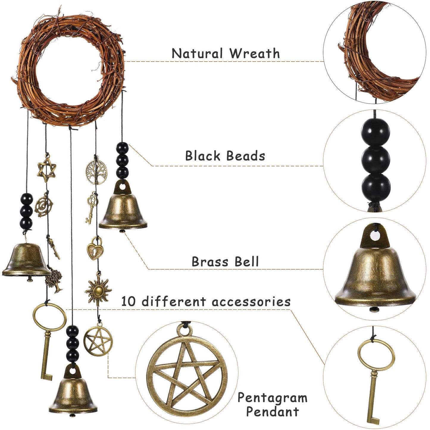 Jetec 2 Pieces Witch Bells for Door Knob for Protection Wind Chimes Door Hanger Wreath Handmade Hanging Witch Bells Magic Witchcraft Wicca Supplies for Home Protection Witchcraft Bell Decor(Novel)
