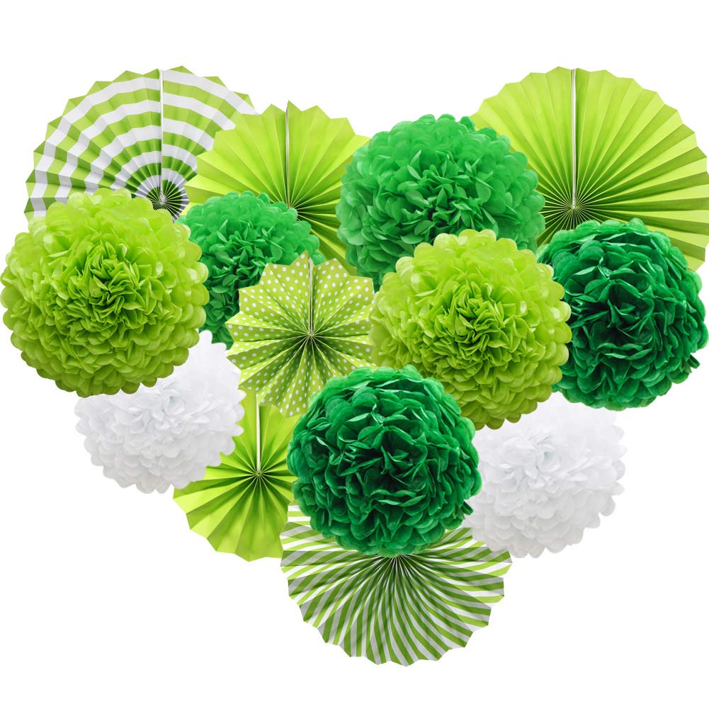 ADLKGG Green St Patricks Day Party Decorations, Hanging Round Paper Fans Pom Poms Flowers for Graduation Wedding Bridal Shower, Golf Themed Birthday, Fiesta Party Indoor Outdoor Accessories