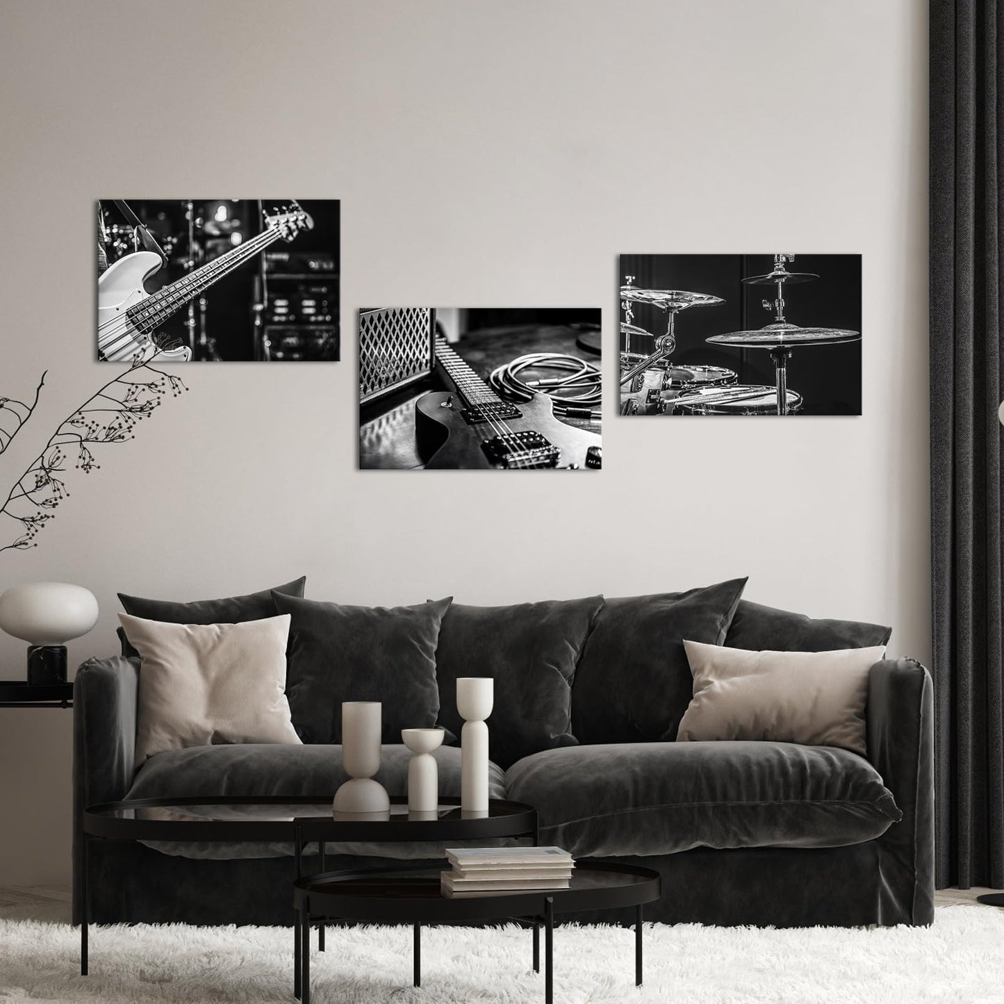 OuElegent Music Instrument Canvas Wall Art Rock and Roll Band Painting Black and White Guitar Drums Picture Prints Artwork for Home Decor 16"x24"x3 Pcs