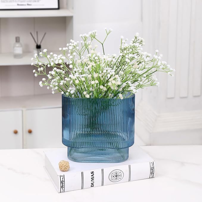 Ribbed Glass Vase, Blue Glass Vase, Fluted Short Vases for Flowers, Modern Vases for Living Room, Dining Room, Bathroom, Desk, Shelf, Wedding, Office, 7 Inches