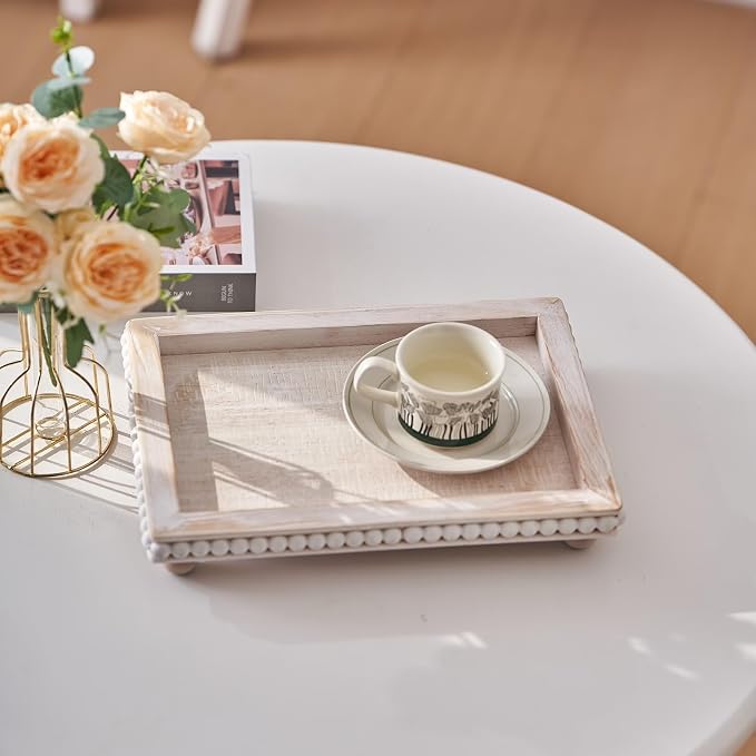 Decorative Coffee Table Tray, 13.5 x 9.7 Inch White Washed Wooden Beaded Tray with Removable Legs, Rustic Farmhouse Rectangular Tray for Coffee Table, Kitchen Counter and Vanity Decor