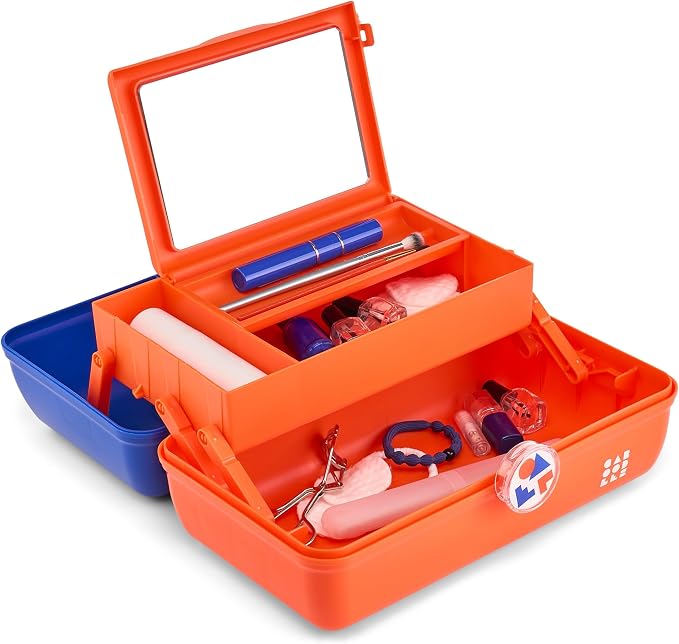 Caboodles School Spirit On-The-Go Girl Makeup Box, Blue Over Orange, Hard Plastic Makeup Organizer Box, Built-In Mirror, Secure Latch for Safe Travel, Spacious Storage for Large Items