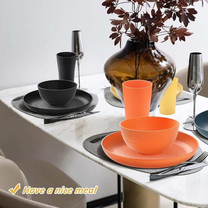 18pcs Wheat Straw Dinnerware Sets, SANLUNS Unbreakable Reusable Dinnerware Set for 6,Kitchen Cups Plates and Bowls Sets Plates Cups and Bowls Set Dishwasher Microwave Safe Dinner Dishes