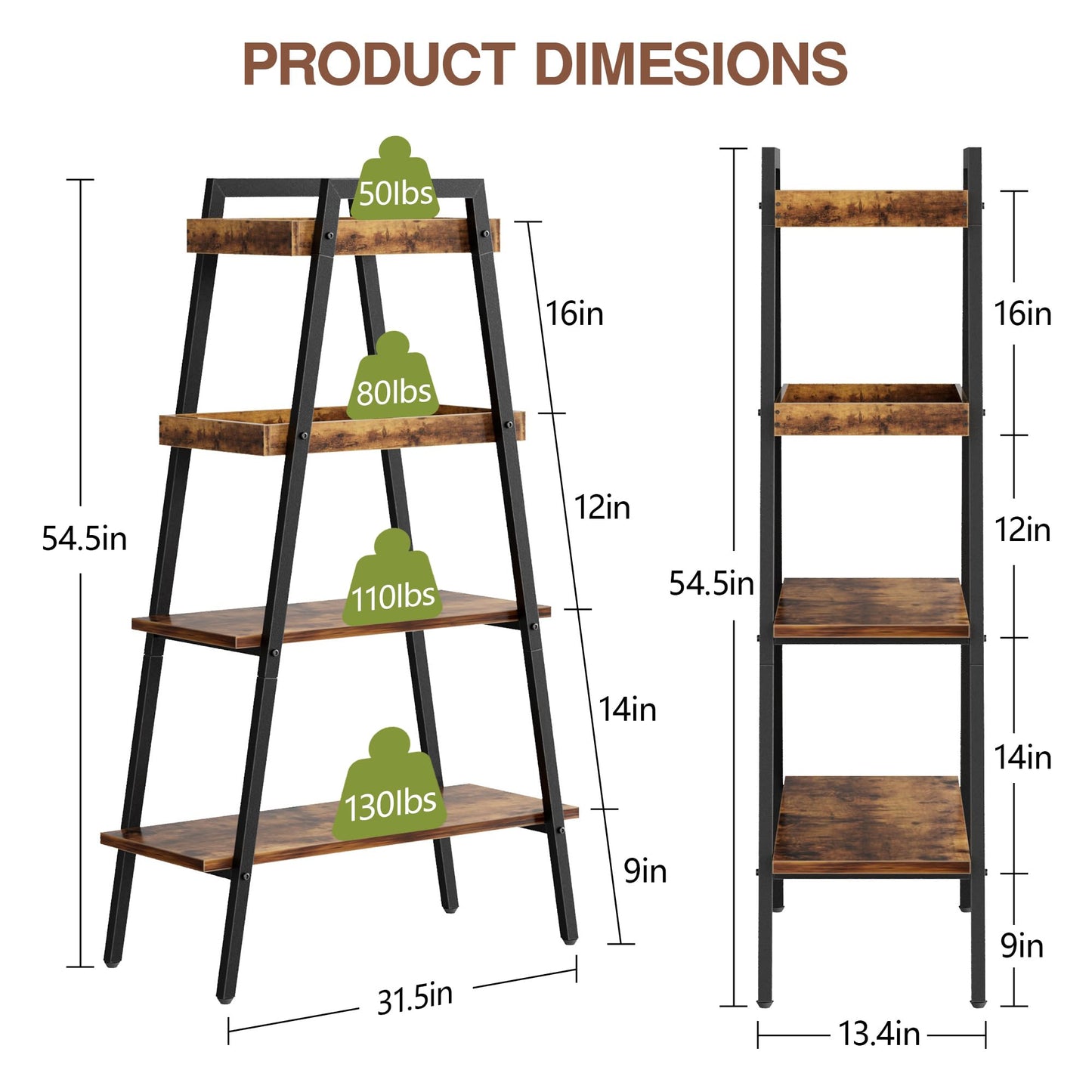 VECELO Book Shelf, 4 Tier Wooden Ladder Bookcase with Metal Frame, Enclosed Edges Combined with Open Display, Decorative and Plant Stand for Living Room/Farmhouse/Bedroom/Home Office-Brown