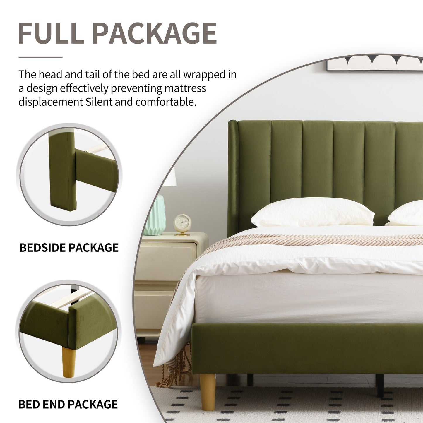 YUHUASHI upholstered Platform Bed Frame/Full Bed Frame/Modern Geometric Double-Wing Design headboard/Velvet Fabric/Easy to Assemble no Noise (Grass Green, Full)