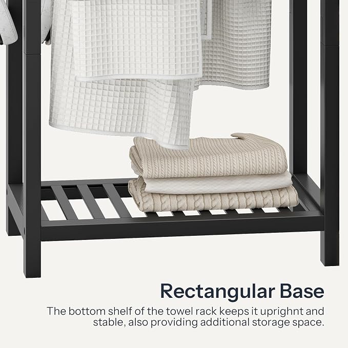 HOOBRO Freestanding Towel Rack for Bathroom, 2 Tier Decorative Bamboo Blanket Rack, Quilt Display Stand with Storage Shelf, 16.5" L x 9.4" W x 30.5" H, Bedroom, Living Room, Black BK02LB01