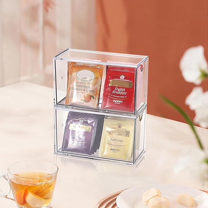 ELLDOO 2 Drawers Tea Bag Organizer, Clear Acrylic Stackable Tea Bag Storage Holder for Kitchen Pantry, Coffee Pod Snack Storage for Countertop Cabinet