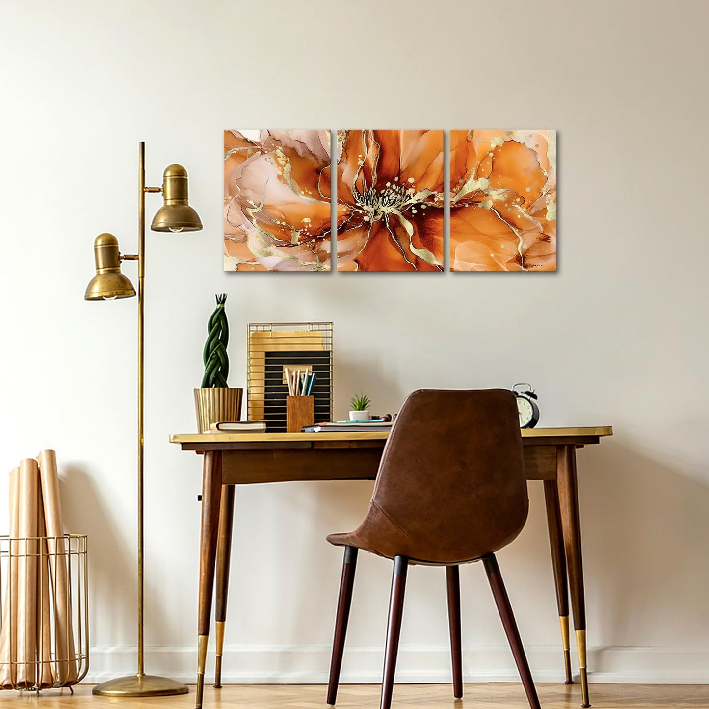 Visual Art Decor Flower Wall Art Bathroom Decor Floral Pictures Woman Girls Bedroom Office Wall Decor, Framed 12x16inchx3Pieces (Orange)