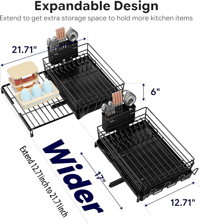Simple Trending Dish Rack - Expandable Dish Drying Rack for Kitchen Counter, Large Capacity Dish Drainers, Stainless Steel Dish Strainer with Utensil & Cup Holders, Black