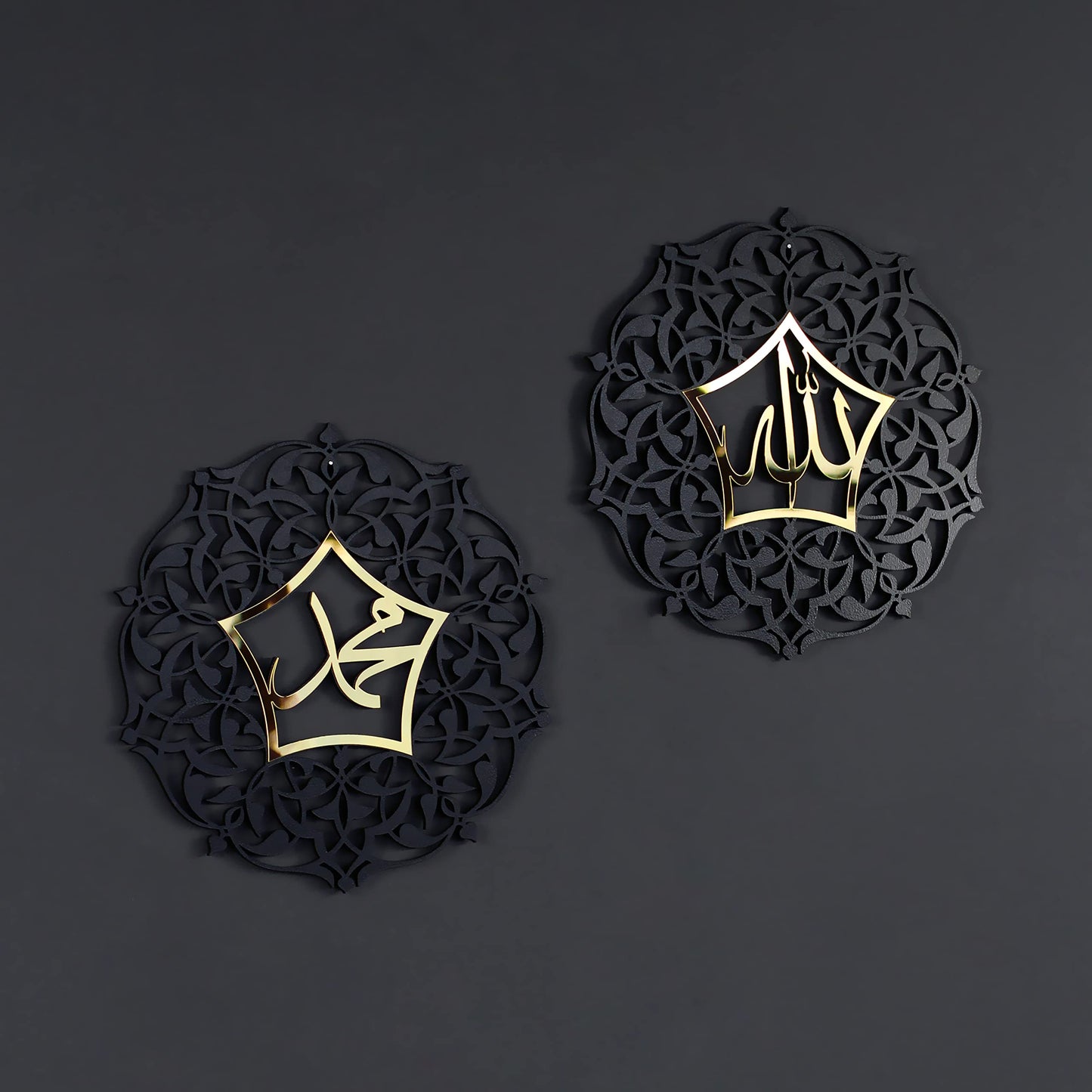IWA CONCEPT Set of Allah (SWT) and Mohammad (PBUH) Acrylic/Wooden Islamic Wall Art | Ramadan Decoration | Islamic Home Decor | Muslim Gift | (12 x 12 inches | 30 x 30 cm, In Gold Out Black)