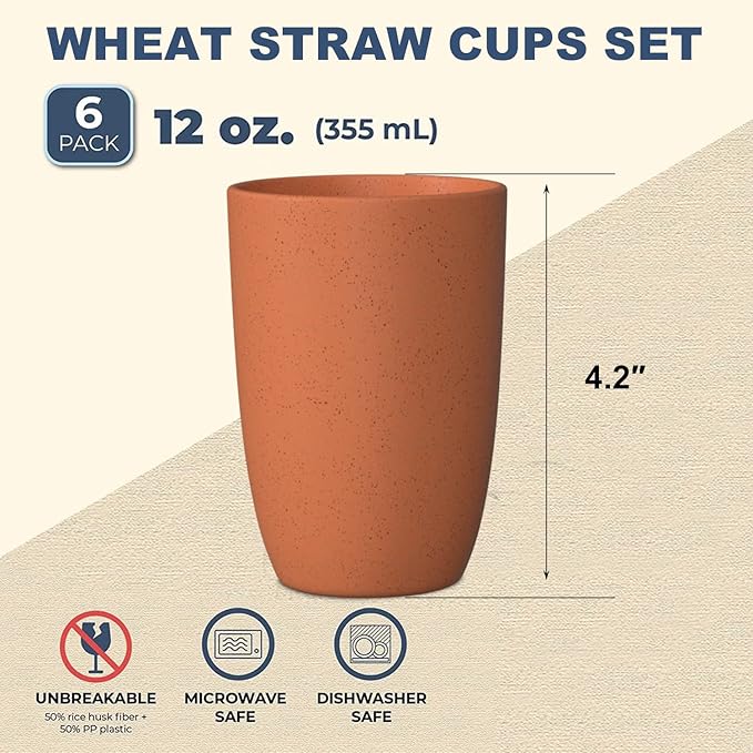 Wrova Wheat Straw Cups 6 PCS Good Alternative to Plastic Reusable Cups 12 oz Unbreakable Drinking Cup Reusable Dishwasher Safe Water Plastic Glasses Orange
