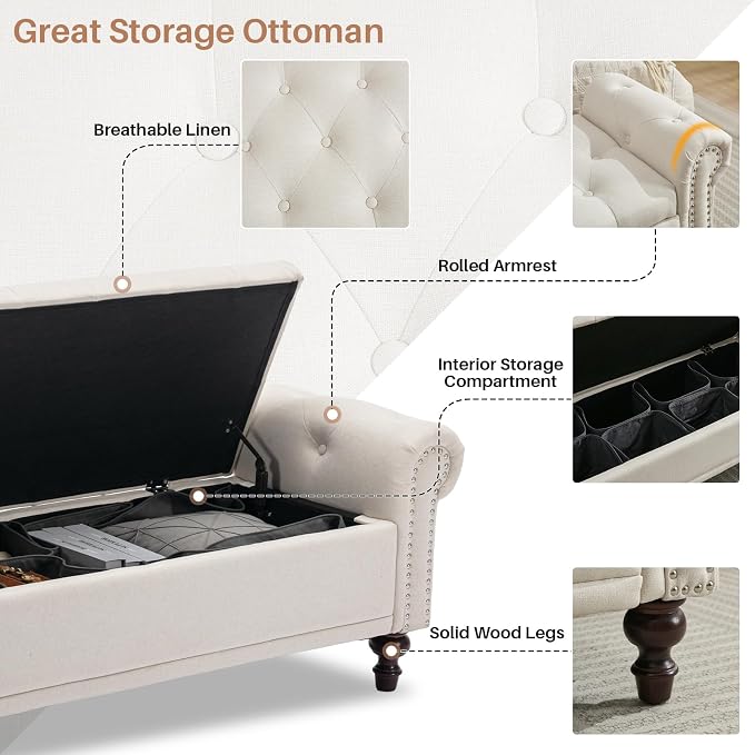 58'' Upholstered Storage Bench for Bedroom, Linen End of Bed Storage Ottoman Benches Large, Button Tufted Ottomans with Storage for Living Room/Entry Way/Closet, Beige