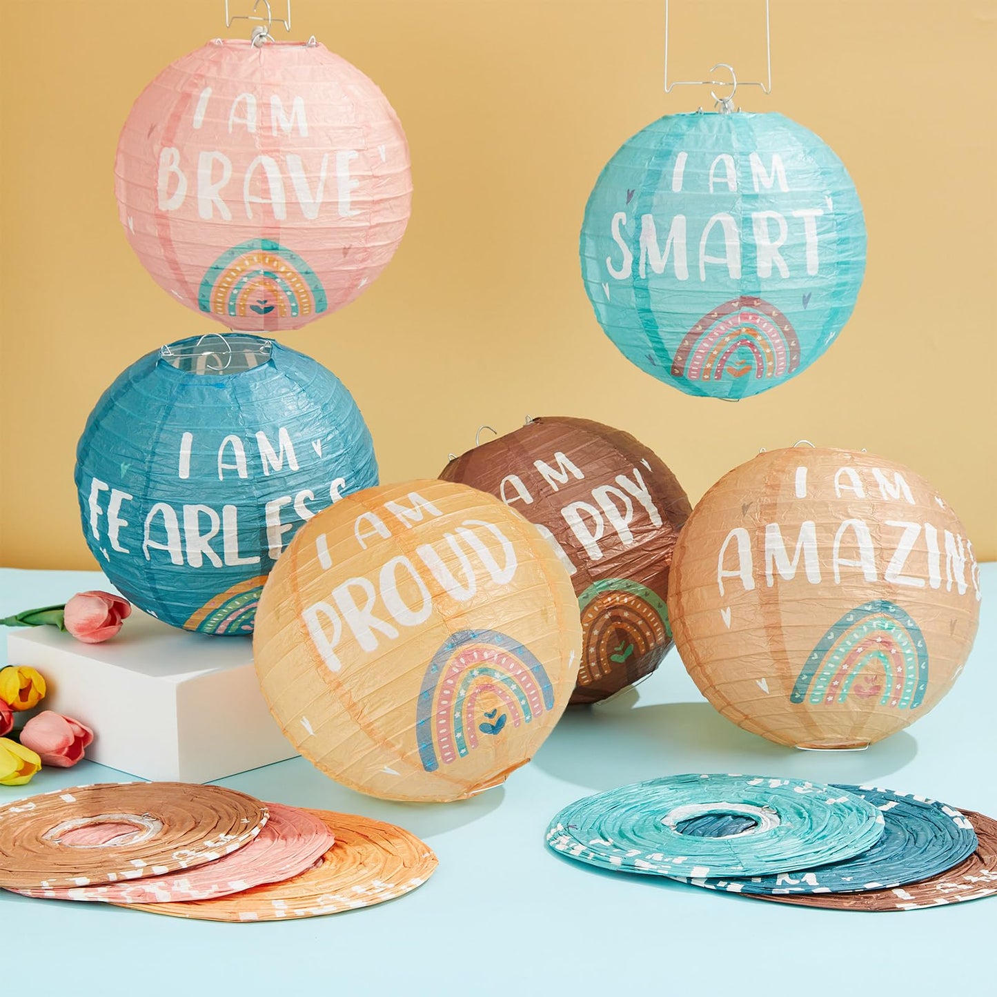 6PCS 8Inch Boho Hanging Paper Lanterns Classroom Decoration Retro Inspirational Paper Lanterns Boho Ceiling Hanging Decor for Wedding Birthday Baby Shower Girl Birthday Party School Classroom Decors