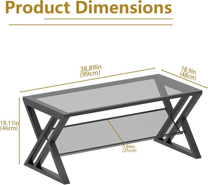 Wolawu Glass Coffee Table Living Room Table with Storage Shelf, Grey Glass Table Simple Modern Rectangular Tables with Sturdy Black Metal Frame,Industrial Glass Coffee Table for Bedroom Home Office