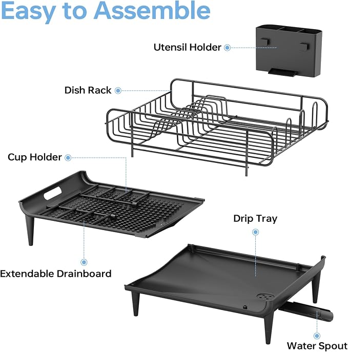 TOOLF Large Dish Drying Rack, Expandable Dish Rack for Kitchen Counter, Multifunctional Dish Drainer, Organization and Storage Essentials with Cup & Cutlery Holders, 16.7"-26.8" L x 12.6" W, Black