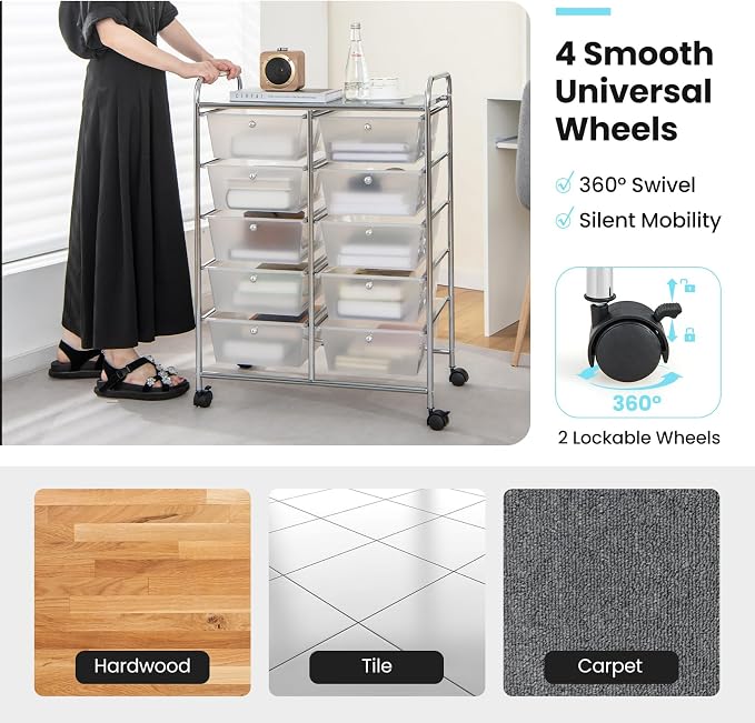 Giantex 10 Drawers Rolling Cart, Classroom Organizers, Storage Cart with Wheels, for Teacher Office Home School Supplies Tool Craft Art Paper, Clear White