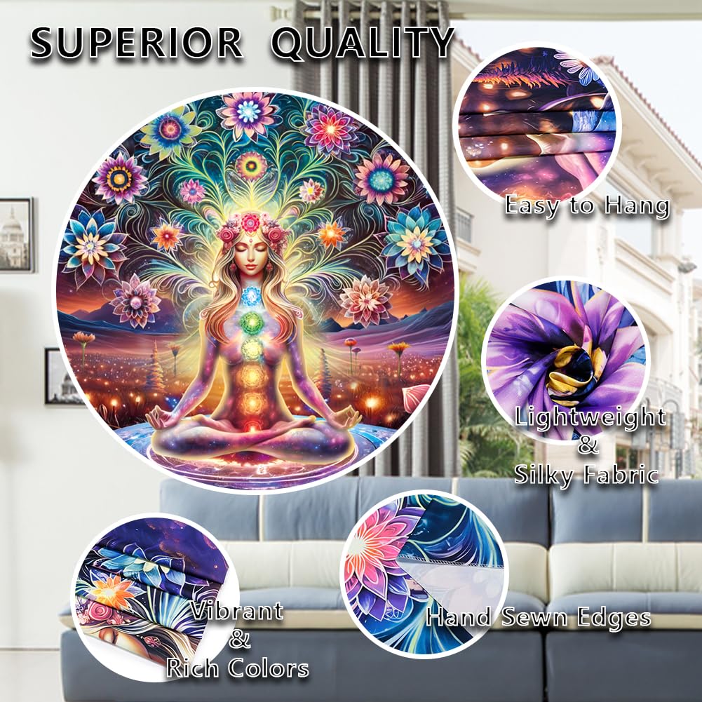 Dermijer Blacklight Seven Chakra Yoga Meditation Tapestry Flower Chakra Tapestries Galaxy Space Planet Tapestry UV Reactive Lotus Spiritual Tapestries Wall Hanging for Home Decor 59.1L x 51.2W