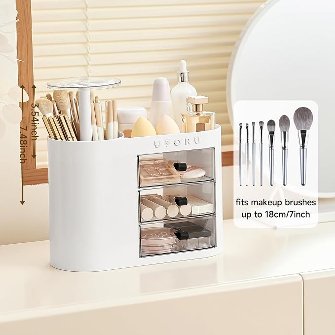 UFORU Makeup Organizer with Pop-Up Brush Holder for Dresser Vanity, Plastic Bathroom Counter Organizer with 3 Drawers & Dust-Proof Cover, Cosmetic Display Case for Lipstick, Skincare, White