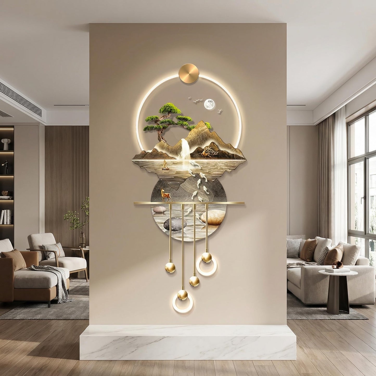 JUNTHORB 3D Decor, 3D Painting with Light, Wall Sculptures Hanging Art with LED Light, Chinese Wall Hanging Paintings for Home