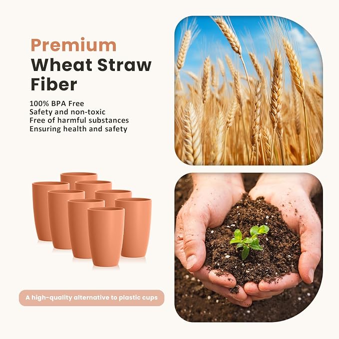 Homienly Plastic Cups Reusable Wheat Straw Cups 8 PCS a Good Alternative Plastic Water Glasses Unbreakable Drinking Cup Reusable Dishwasher Safe Microwave Safe Cups with Orange Color (20 OZ)