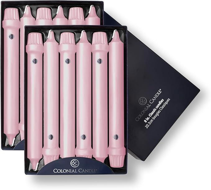 Colonial Candle Unscented Taper Candle, Classic Collection, Persian Pink, 8 in, Pack of 12 - Up to 6 Hours Burn