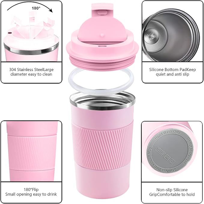 YINBAOGE Insulated Travel Coffee Mug, Spill & Leak Proof, Portable To Go Camping Stainless Steel Coffee Tumbler, Reusable Thermal Coffee Cup with Lid for Hot & Cold Drinks (Pink, 17 OZ)