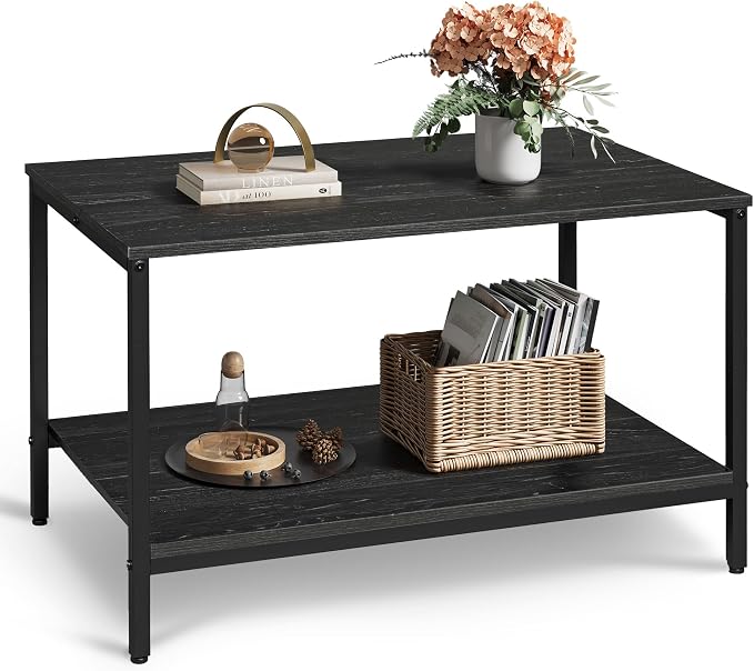 WLIVE Small Coffee Table for Living Room, 31.3" Modern Industrial Coffee Table with Storage Shelf & Metal Frame, 2-Tier Wood Center Table for Small Spaces Apartment, Home, Charcoal Black