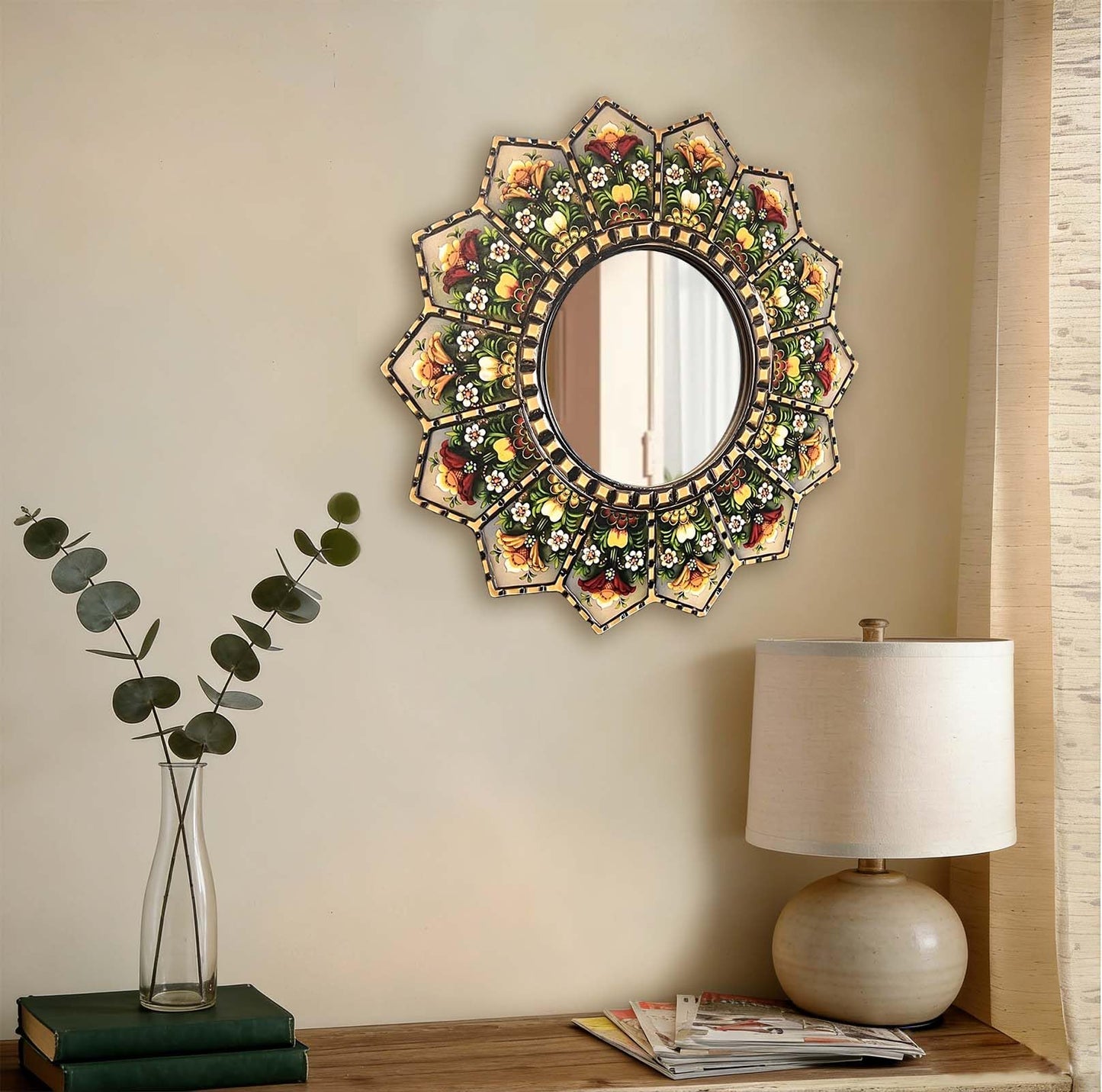 WTVLAX Sunburst Mirror Design Featuring Moroccan Style,2D Pattern 11.8inch Home Decorative Mirror for Living Room Bedroom Entryway The Pattern is Printed (Flower+Sunburst)