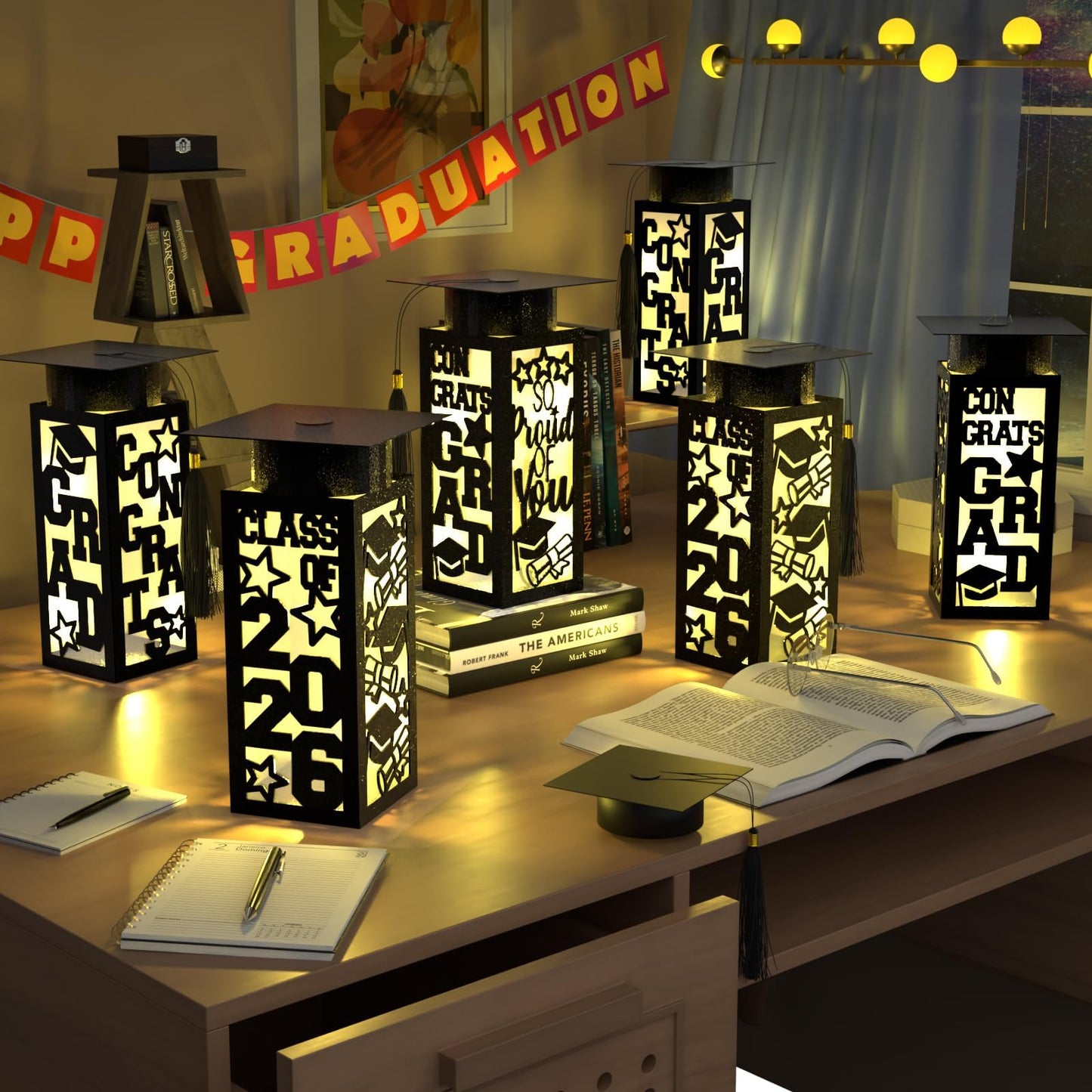 6 Pcs Graduation Table Centerpieces Boxes Class of 2026 Graduation Paper Lanterns Boxes with LED Hollow Out Black for Congrats Grad School College Table Decorations Grad Party Photo Props