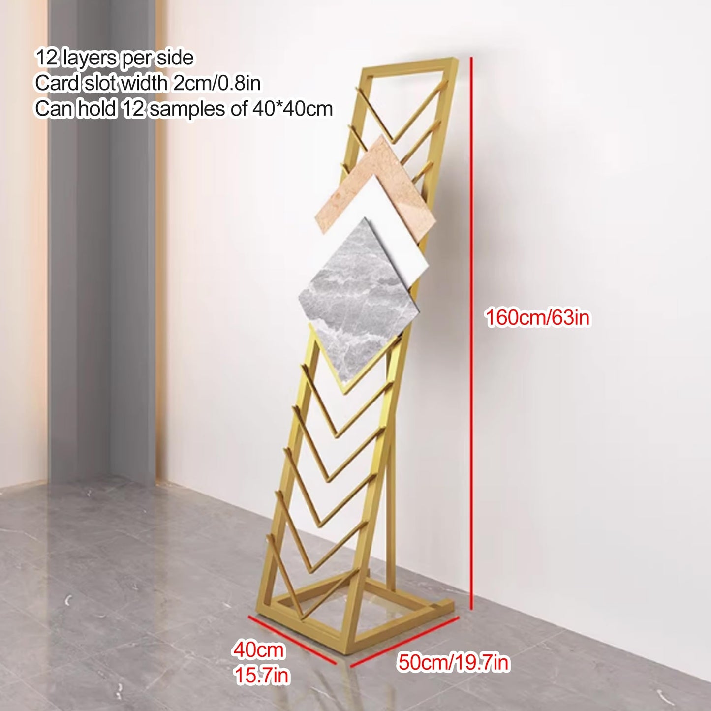 Gold Tile Display Rack, 12 Card Slots, Freestanding Organizer Shelf for Marble Slabs, Wooden Boards, Door Samples - Ideal for Retail Stores & Trade Shows (40 * 50 * 160cm)