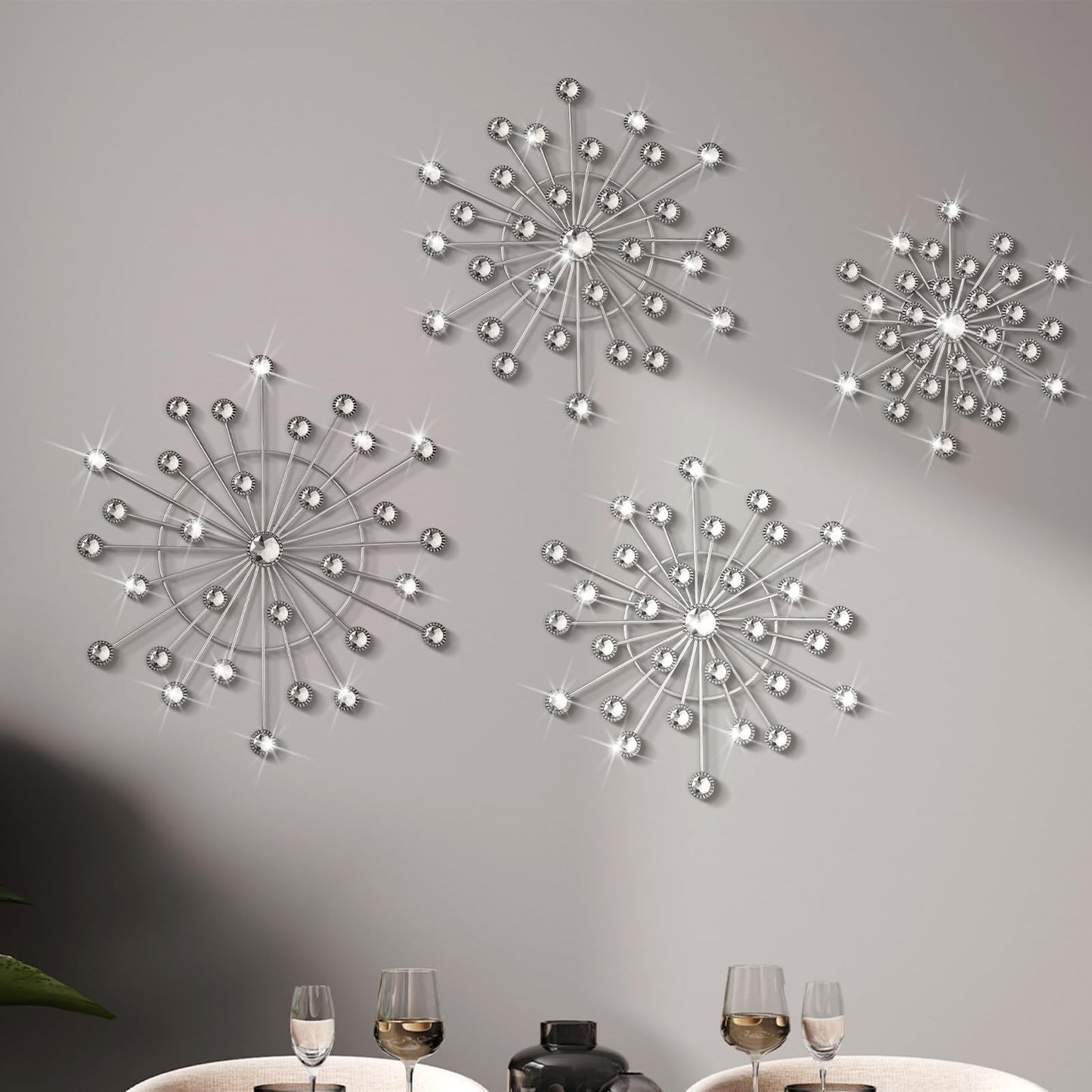 Blulu 4 Pcs Silver Wall Decor Bling Crystal Wall Art Cast Iron Rhinestones Sunburst Decor Metal Starburst Art Hanging Diamond Accents Decorative for Living Room Bedroom Entryway(Silver)