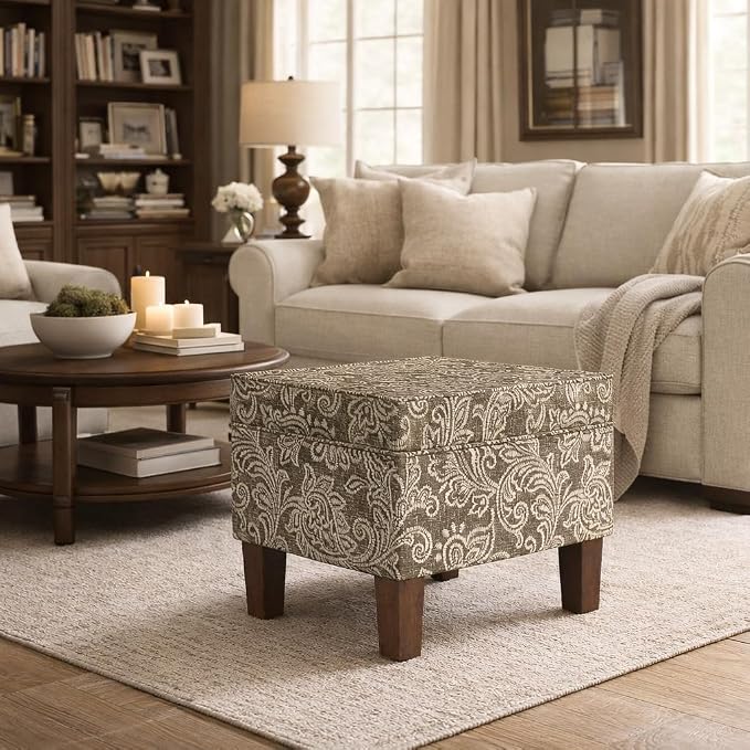 Spatial Order Home Decor | Dinah Collection Modern Storage Ottoman | Ottoman with Storage for Living Room & Bedroom(Brown Jacobean Print)