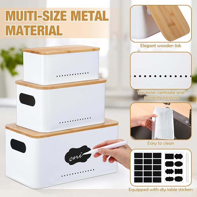 Honeydak 3 Pcs Metal Storage Box with Lid Nesting Farmhouse Storage Bins for Kitchen Pantry Bathroom Living Room Office, Aerating Produce Keeper & Countertop Organizer Set(White)