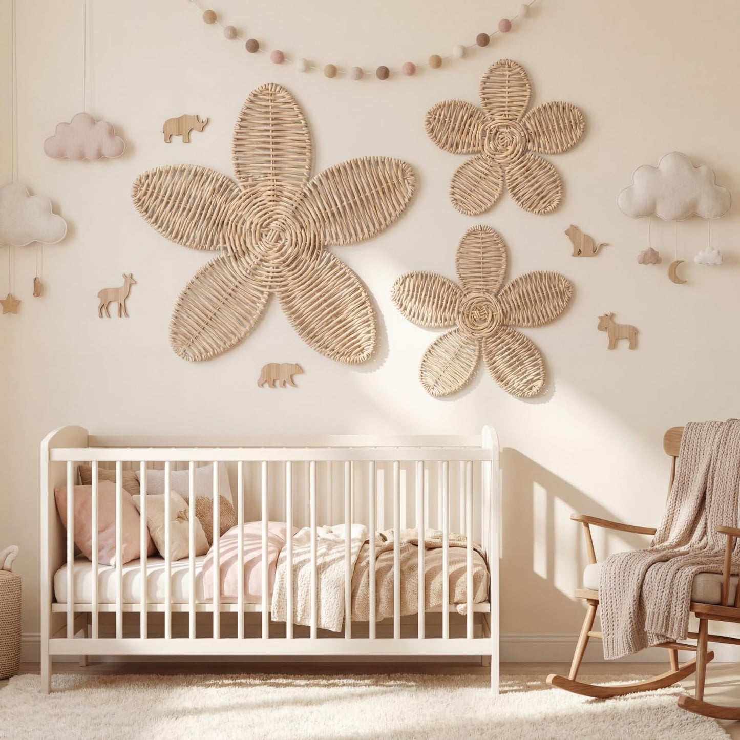 Wesiti 3 Pcs Rattan Flower Wall Decor Boho Daisy Nursery Decoration Woven Rattan Flower Wall Art for Home Nursery Bedroom Farmhouse Decorations Housewarming Gifts