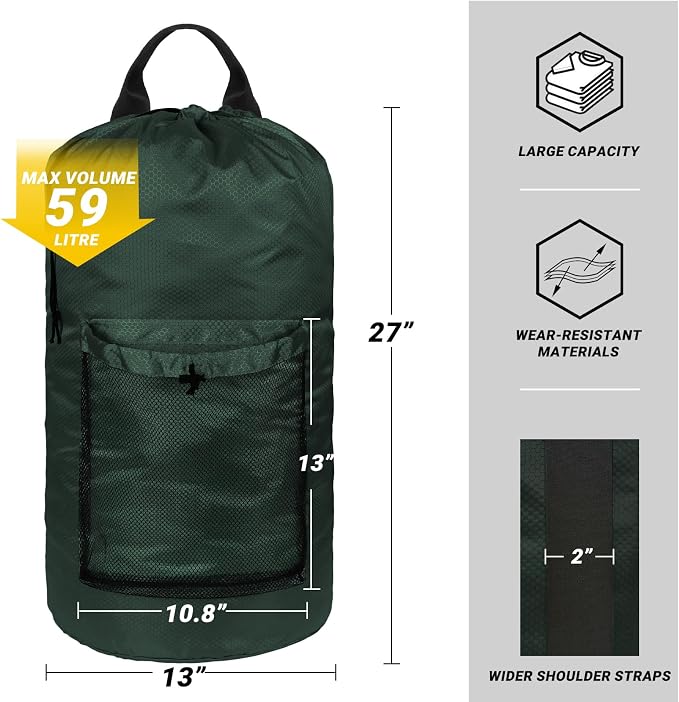 Laundry Bag with Shoulder Straps and Mesh Pocket Laundry Backpack Large Portable Laundry Hamper for College Laundromat Apartment (Green)