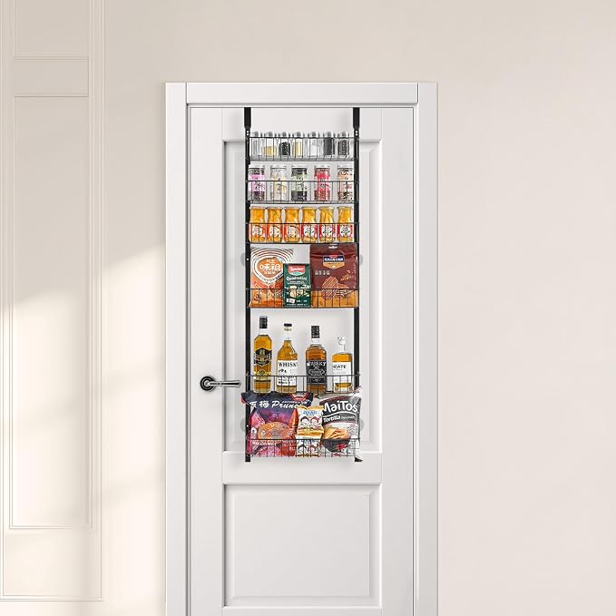 VEVOR Over the Door Pantry Organizer, 6-Tier Pantry Organization and Storage, Heavy-Duty Steel Hanging Spice Rack, Adjustable Wall Seasoning Shelves, for Home Kitchen Laundry Room Bathroom, Black