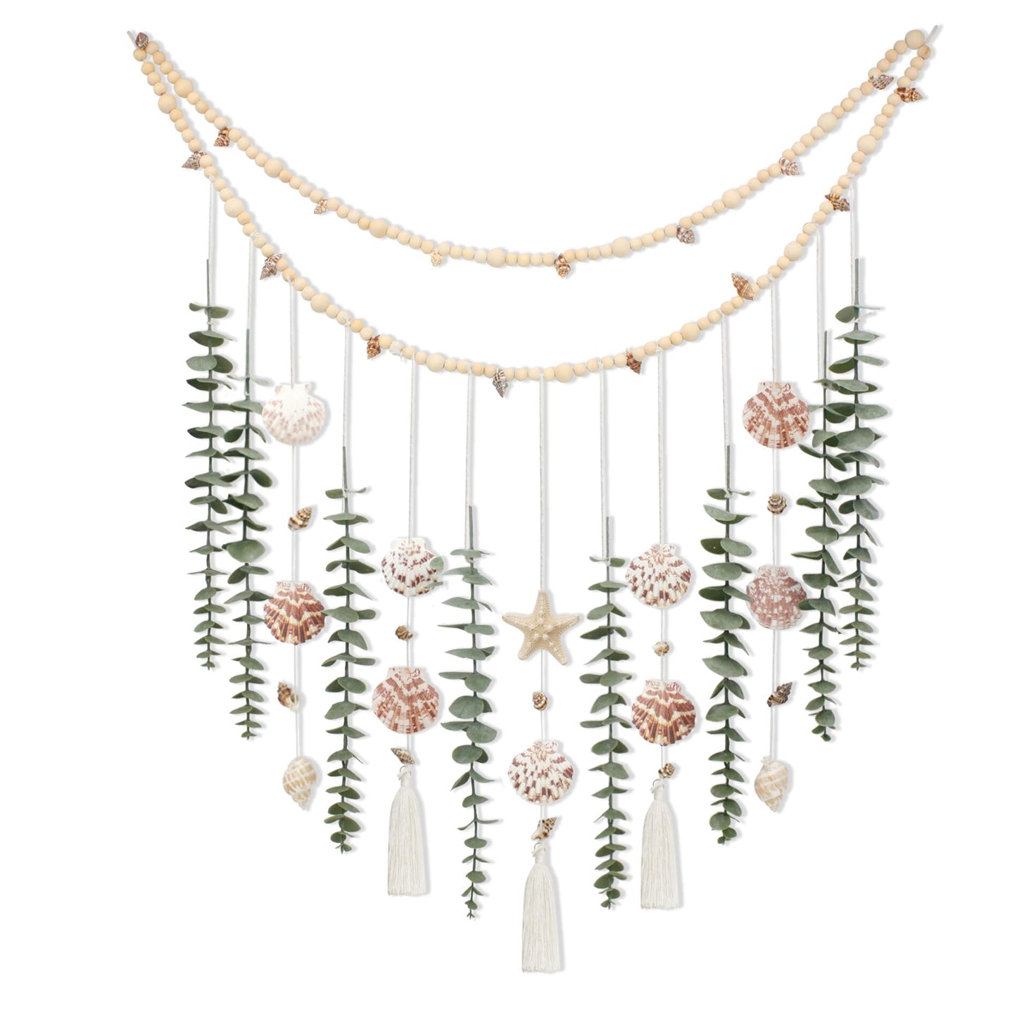 Artificial Eucalyptus Wall Decor with Seashell Coastal Decor Natural Home Decorations Hanging Wooden Bead Garland for Large Bedroom Bathroom Living Room, 32 x 32 Inch