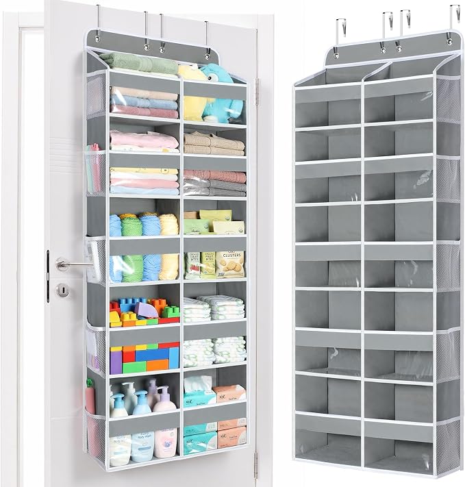Yecaye Over The Door Organizer, 5 Tier Extra Large Behind Door Storage of 10 Compartments, 80lbs Heavy Duty Door Organizer Hanging with Clear Window for Closet Bedroom Pantry Bathroom, Grey