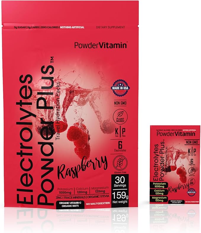PowerVitamin Electrolytes Powder Packets - Raspberry - Keto Electrolytes for Daily Energy - Hydration Powder with 1000mg Potassium, 120mg Magnesium, Zero Calories - 30 Hydration Packets