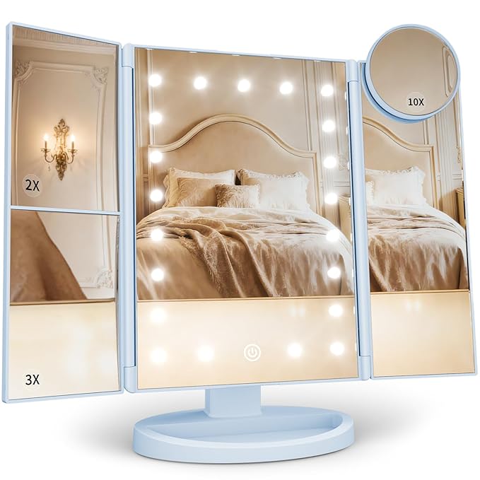 HUONUL Makeup Mirror, Vanity Mirror with Lights, 2X/3X/10X Magnification, Touch Control, Trifold, Dual Power Supply, Birthday Gifts for Women, Wife, Mom, Girls,Dorm Room Essentials