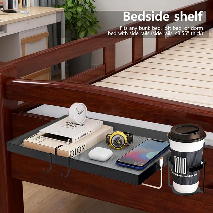 Metal Bedside Shelf for Dorm Room Bunk Bed & Top Bunk, Dorm Room Essentials, Bed Side Table Tray Organizer (Black)