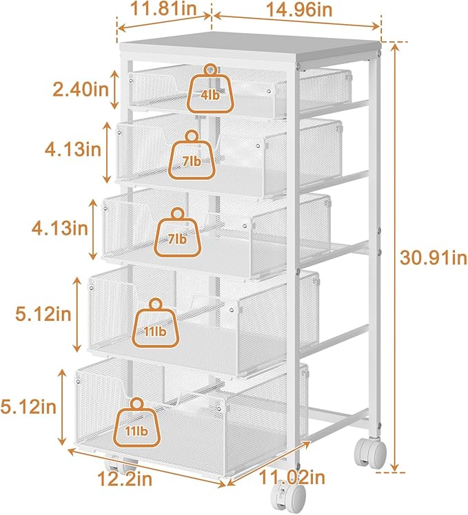 Kitchen Storage Cart with Wheels, 5-Tier Fruit Vegetable Storage Cart, Kitchen Organizer and Storage Cart with Drawers, Wooden Top Metal Wire Pantry Storage Cart for Fruit Snack Onion Potato, White