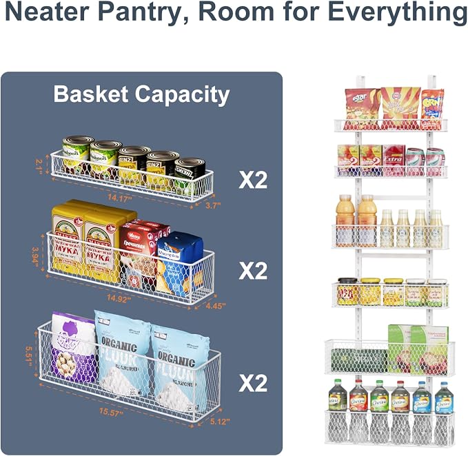 6-Tier Over The Door Pantry Organizer,Hanging Spice Rack,Grid Basket,White | Height Adjustable,Large Capacity,Grid Base for Stable Stoage,For Pantry Door,Laundry Room,Bathroom,Kitchen,D5.3xW15.7xH60.9in