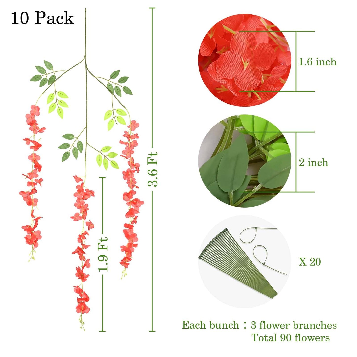 BLEUM CADE Artificial Wisteria Hanging Flowers, 10 Pcs Red, 3.6Ft/Pcs, Decorative Plant Garland for Home, Wedding, Party Decorations