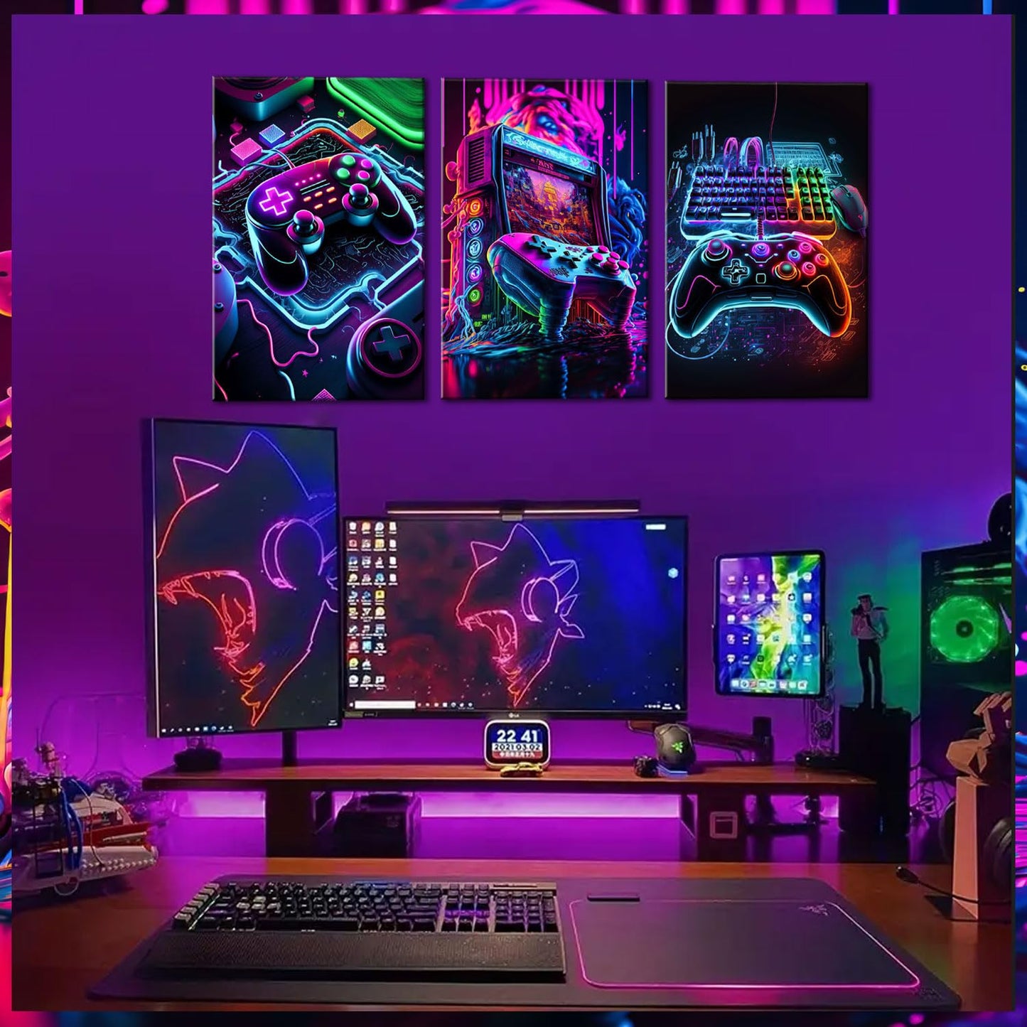 BGFCE Game Room Decor Posters Set of 3 - Neon Gaming Accessories Theme Canvas Wall Art, Gamer Console Paintings Picture Wall Decor for Children Youth Boys Bedroom 12x16 inch Unframed